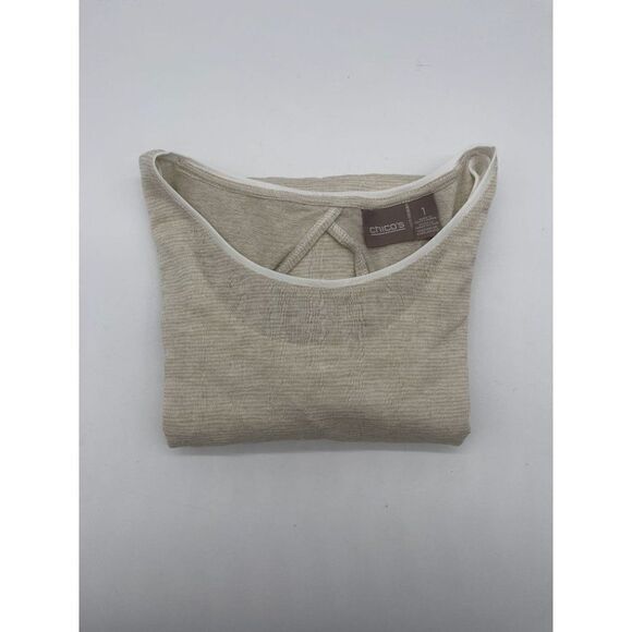 Chico's Long Sleeve Blouse Sz 1 Cream Round Neck Cut Out Back Double Layer - Picture 9 of 9
